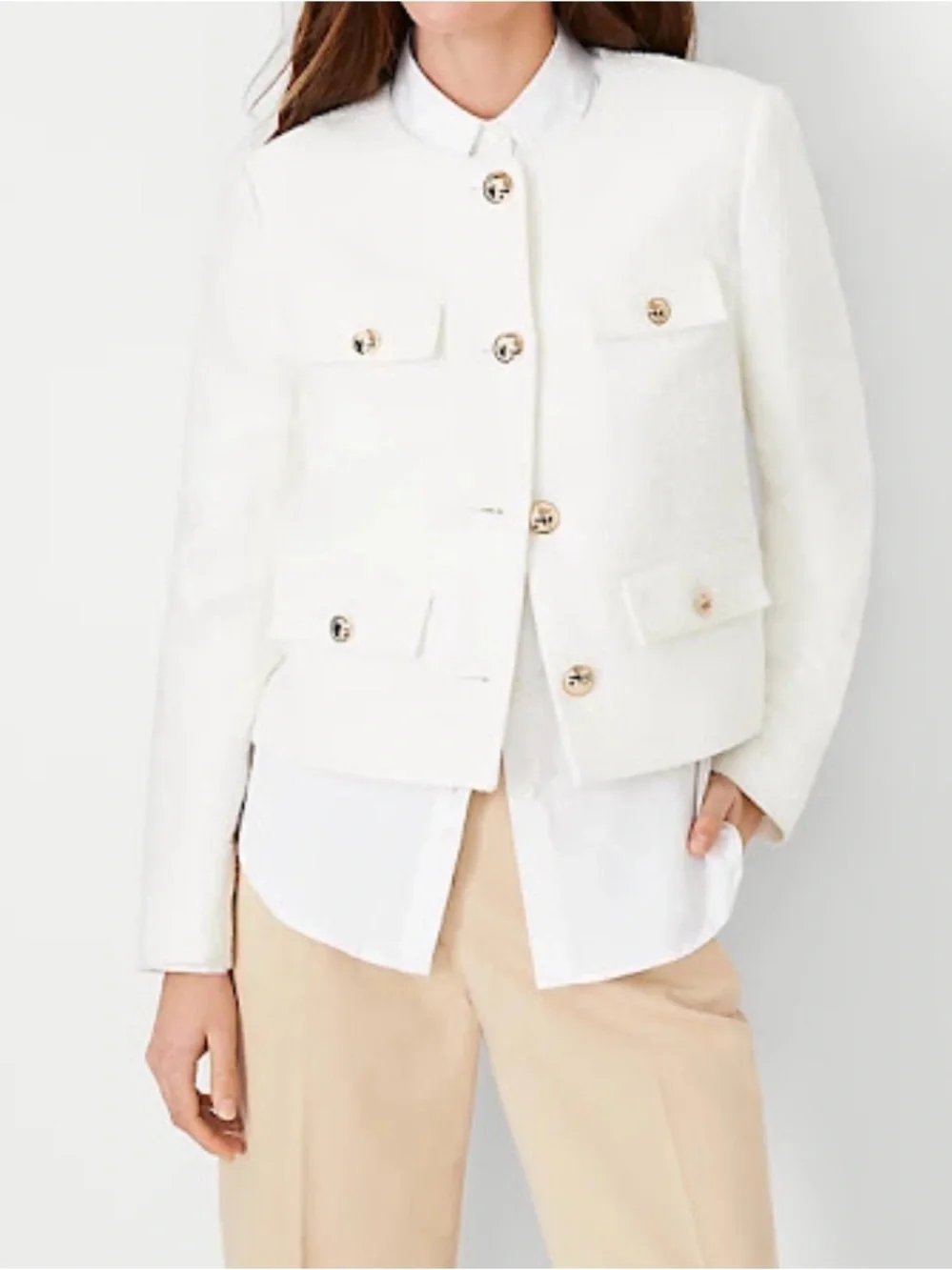 Ann Taylor Ivory White Boucle Button-Front Cropped Blazer Jacket Gold Button NWT